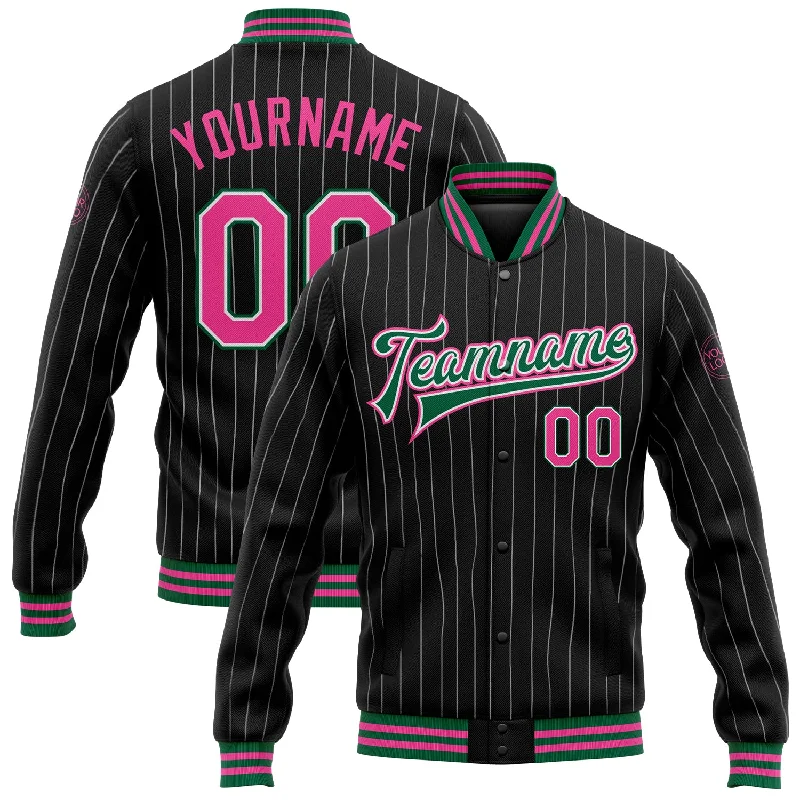 Chic Blazer Jacket for Business and Casual Looks-Custom Black White Pinstripe Pink-Kelly Green Bomber Full-Snap Varsity Letterman Jacket