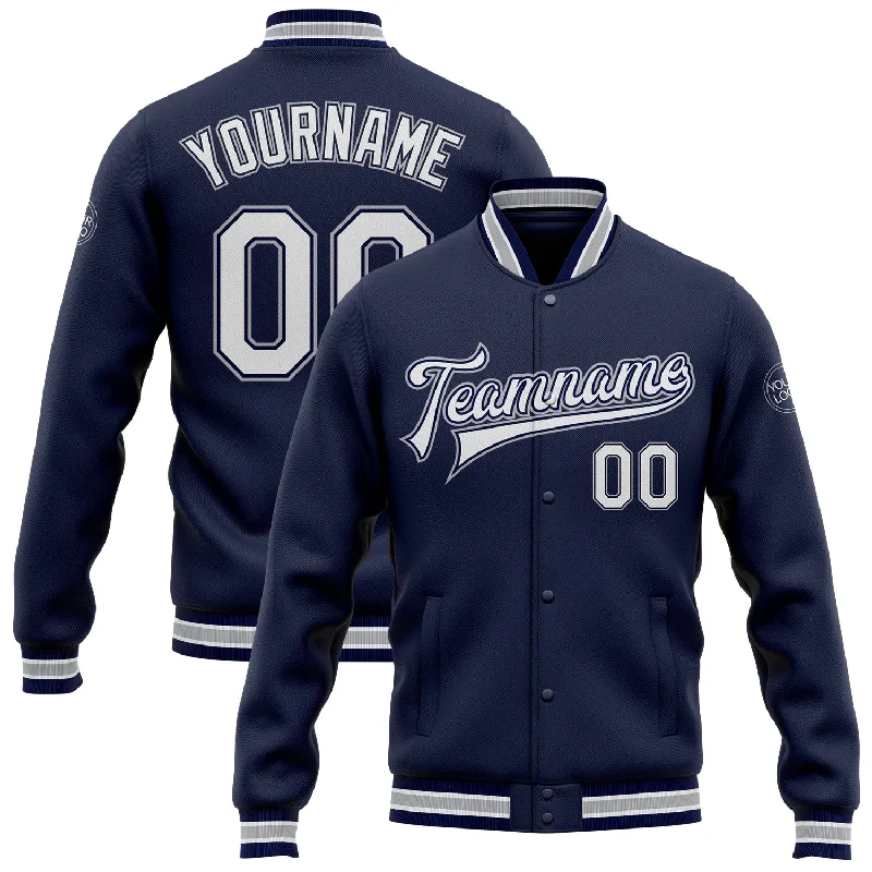 Performance Winter Jacket for Active Outdoors-Custom Navy White-Gray Bomber Full-Snap Varsity Letterman Jacket