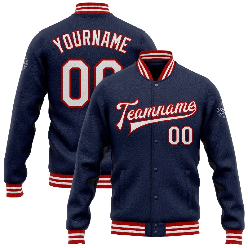 Insulated Ski Jacket for Winter Sports-Custom Navy White-Red Bomber Full-Snap Varsity Letterman Jacket