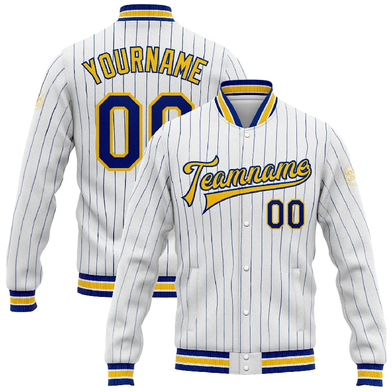 Classic Suede Jacket for Stylish Warmth-Custom White Royal Pinstripe Yellow Bomber Full-Snap Varsity Letterman Jacket