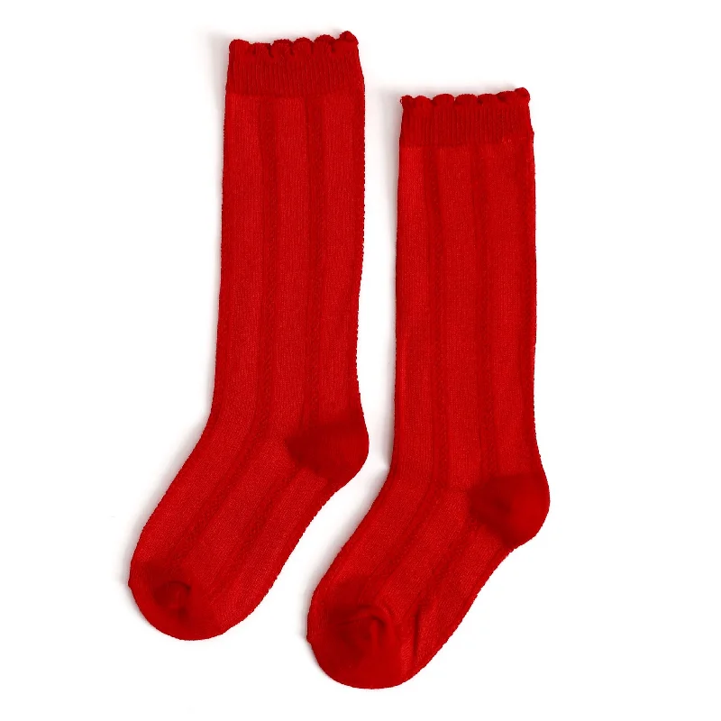 Lightweight Socks for Breathability and Comfort-Bright Red Scalloped Knee High Socks