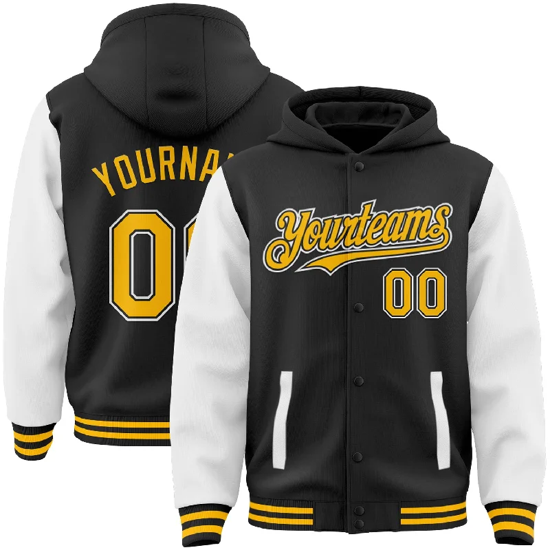 Stylish Zip-Up Hoodie for Trendy Outfits-Custom Black Gold-White Bomber Full-Snap Varsity Letterman Two Tone Hoodie Jacket