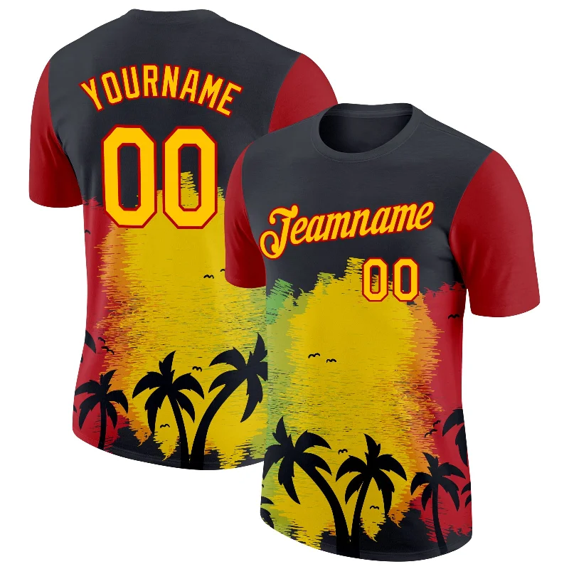 Customizable T-Shirt for Personalized Fashion-Custom Black Yellow-Red 3D Pattern Design Black History Month Hawaii Palm Trees Performance T-Shirt