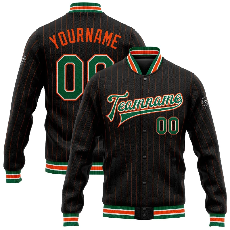 Light Windproof Jacket for Outdoor Adventures-Custom Black Orange Pinstripe Kelly Green-White Bomber Full-Snap Varsity Letterman Jacket