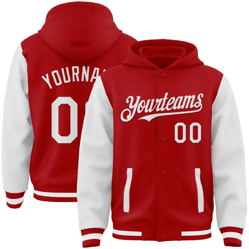 Lightweight Hoodie for Breezy Days-Custom Red White Bomber Full-Snap Varsity Letterman Two Tone Hoodie Jacket