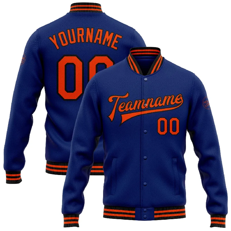 Heavy Duty Work Jacket for Tough Environments-Custom Royal Orange-Black Bomber Full-Snap Varsity Letterman Jacket