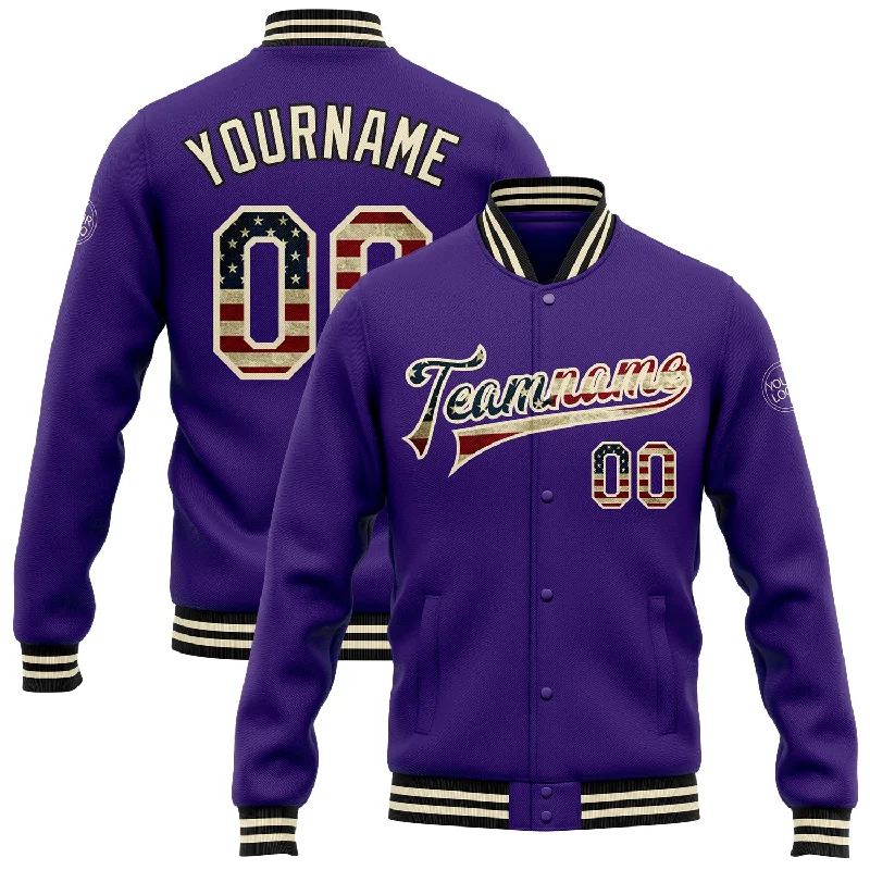 Waterproof Jacket for Outdoor Exploration-Custom Purple Vintage USA Flag Cream-Black Bomber Full-Snap Varsity Letterman Jacket