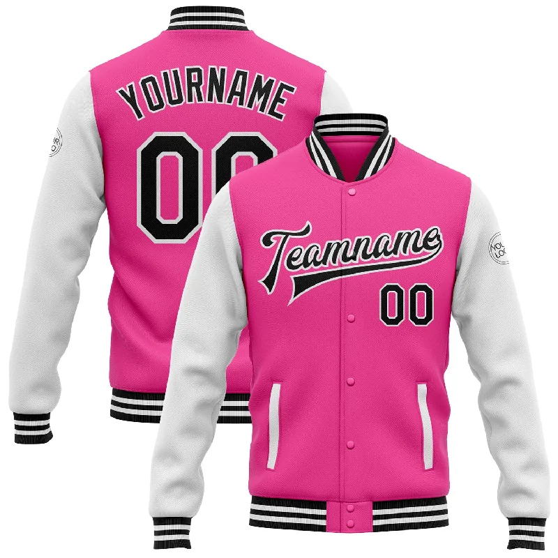 Soft Sherpa Jacket for Cozy Comfort-Custom Pink Black-White Bomber Full-Snap Varsity Letterman Two Tone Jacket