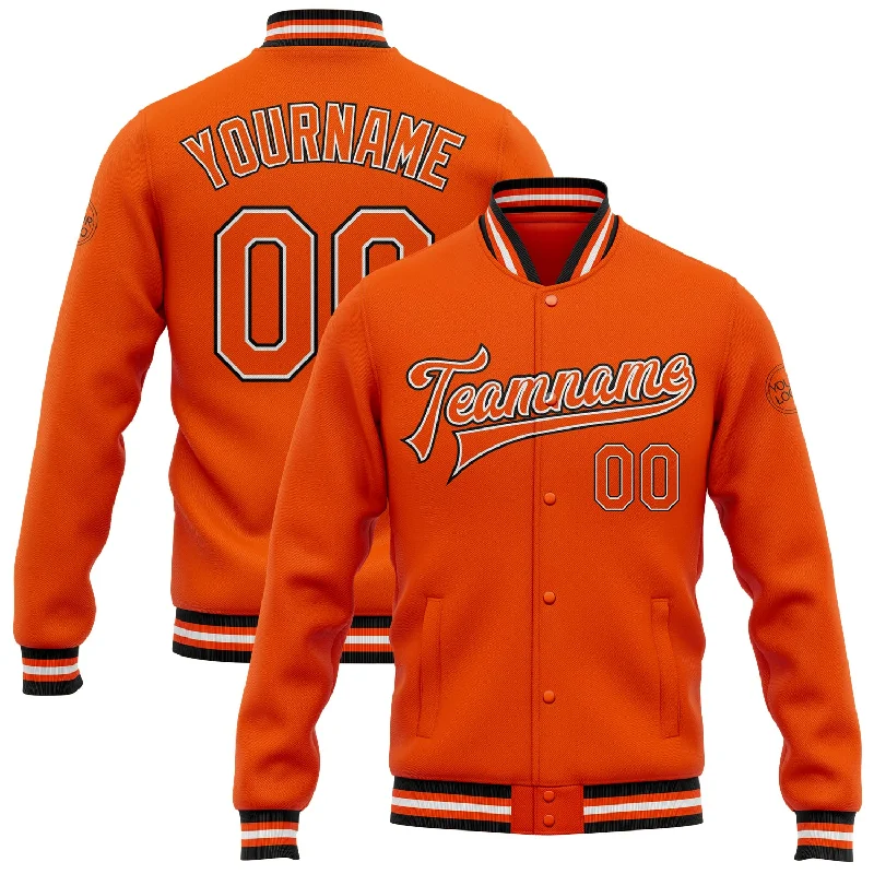 Warm Parka Jacket with Faux Fur Trim for Winter-Custom Orange White-Black Bomber Full-Snap Varsity Letterman Jacket