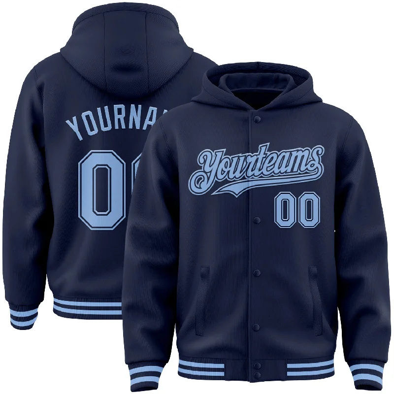 Comfortable Hoodie for Traveling-Custom Navy Light Blue Bomber Full-Snap Varsity Letterman Hoodie Jacket