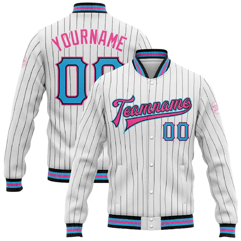 Warm Faux Leather Jacket for Fall and Winter-Custom White Black Pinstripe Sky Blue-Pink Bomber Full-Snap Varsity Letterman Jacket