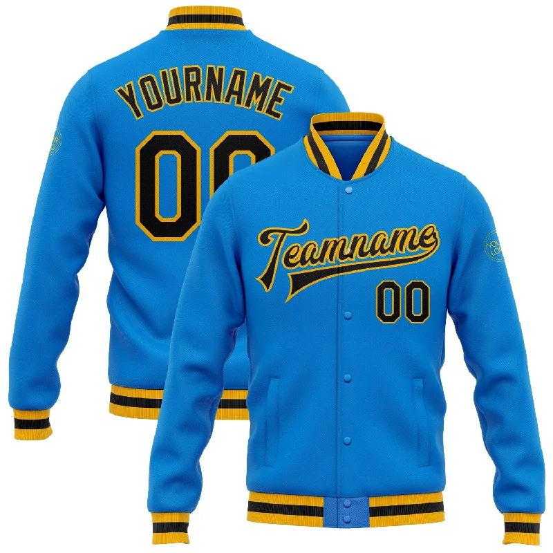 Waterproof Jacket for Outdoor Exploration-Custom Powder Blue Black-Gold Bomber Full-Snap Varsity Letterman Jacket