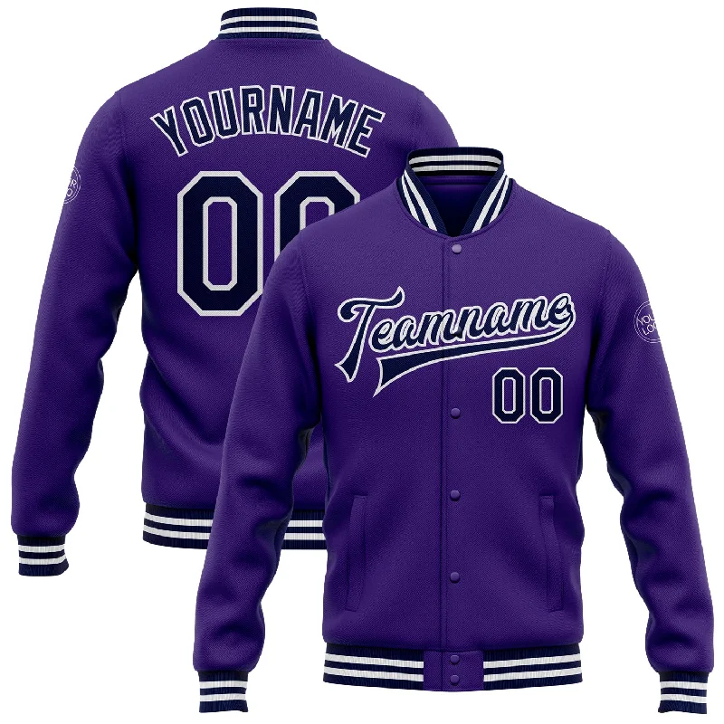 Insulated Ski Jacket for Winter Sports-Custom Purple Navy-White Bomber Full-Snap Varsity Letterman Jacket