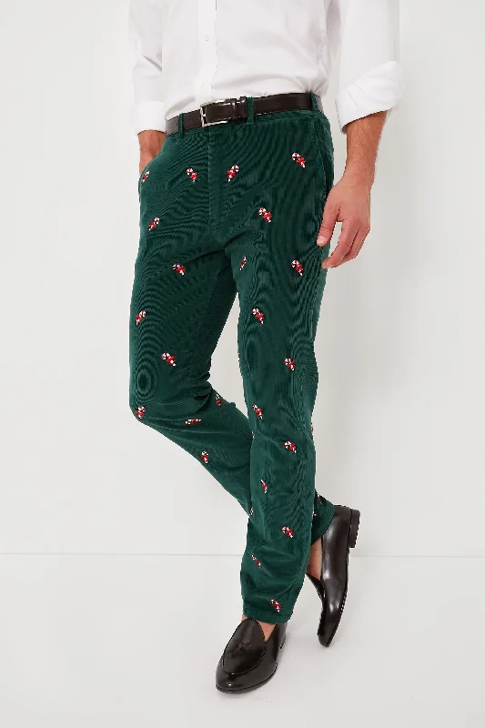 Comfortable Fleece Pants for Cold Weather Activities-Hunter Green Candy Cane Embroidered Corduroy Pants (34" Inseam)