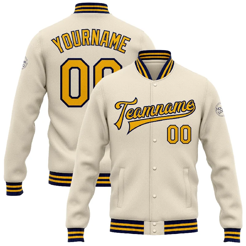 Trendy Wool Blend Jacket for Cold Weather-Custom Cream Gold-Navy Bomber Full-Snap Varsity Letterman Jacket