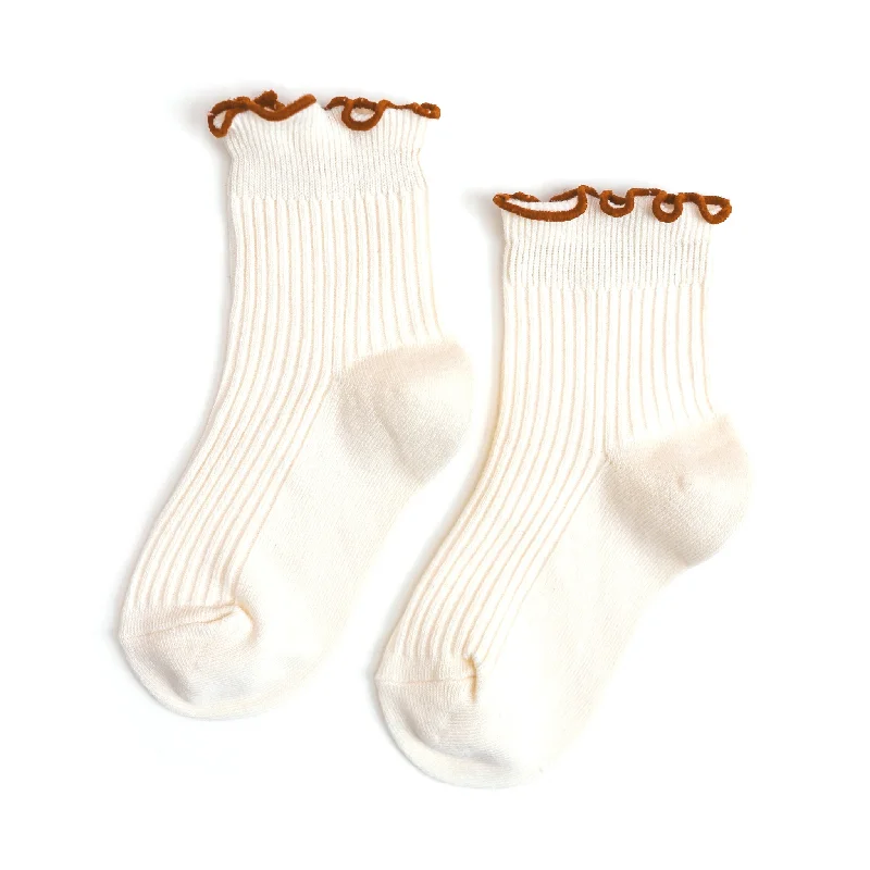 Trendy Abstract Patterned Socks for Fashionistas-Ribbed Lettuce Trim Midi Socks - Ivory/Sugar Almond