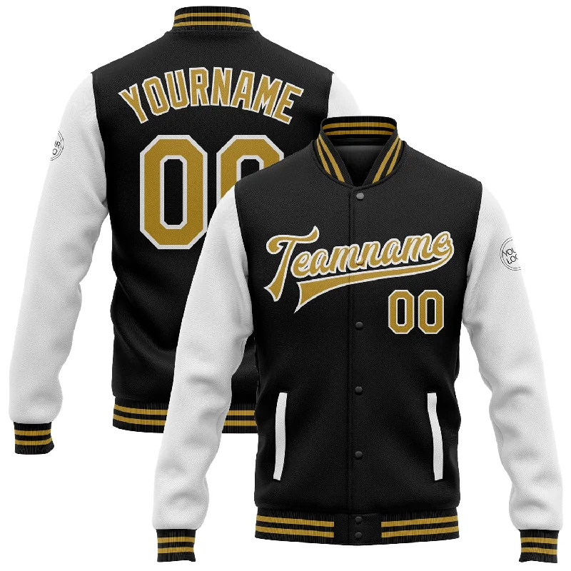 Warm Quilted Jacket for Cozy Winter Days-Custom Black Old Gold-White Bomber Full-Snap Varsity Letterman Two Tone Jacket