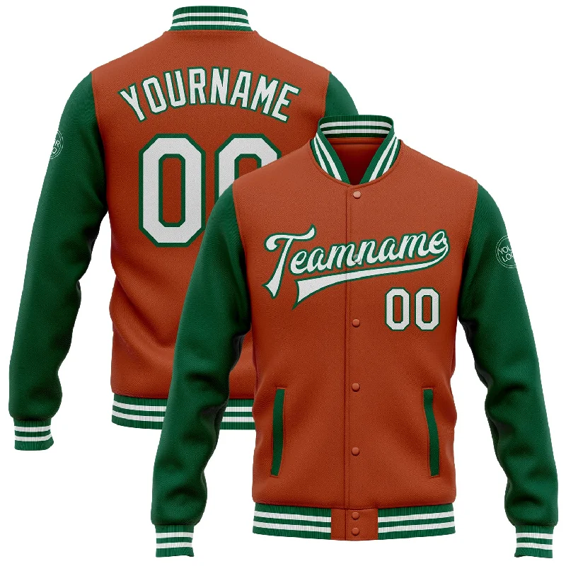 Classic Double-Breasted Trench Coat Jacket-Custom Texas Orange White-Kelly Green Bomber Full-Snap Varsity Letterman Two Tone Jacket