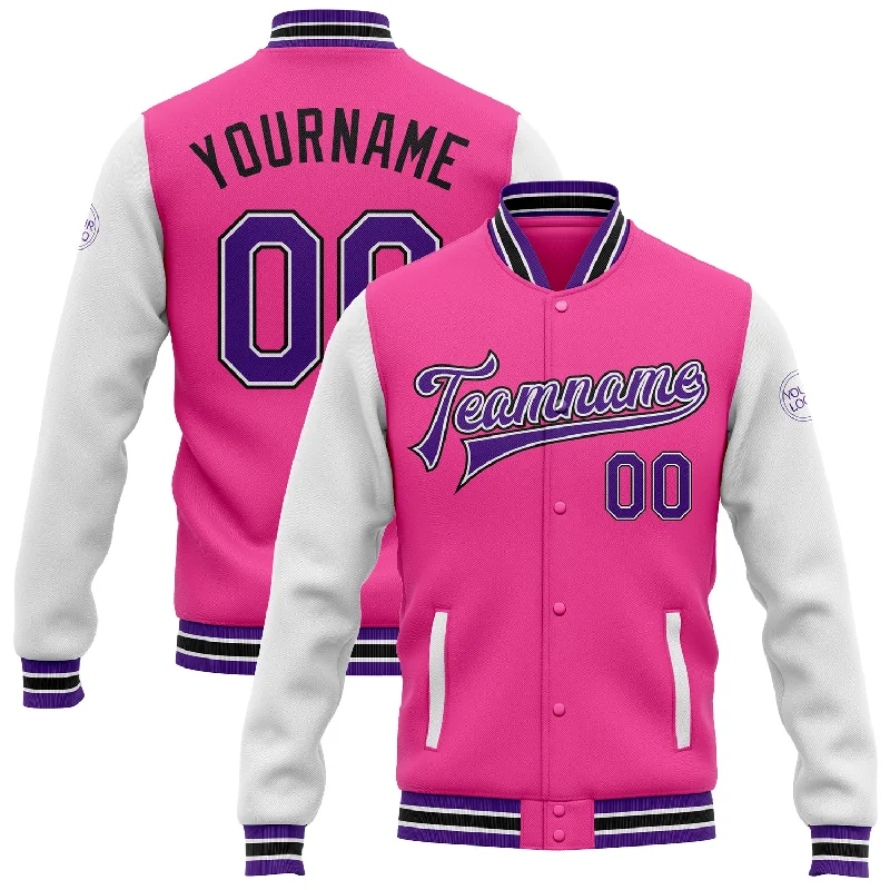 Warm Fleece Jacket for Layering-Custom Pink Purple White-Black Bomber Full-Snap Varsity Letterman Two Tone Jacket