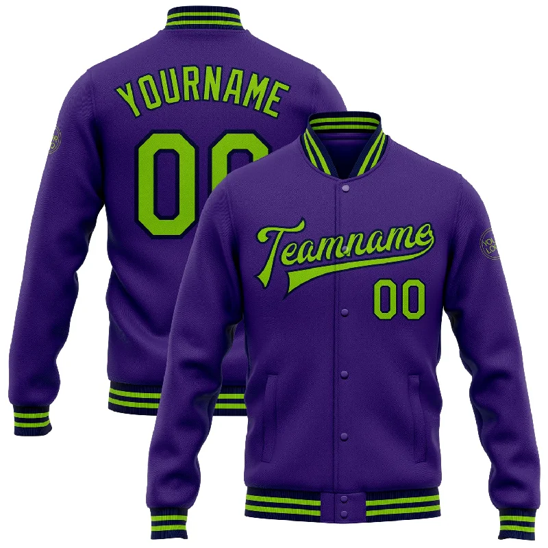 Stylish Leather Jacket for Bold Fashion-Custom Purple Neon Green-Navy Bomber Full-Snap Varsity Letterman Jacket