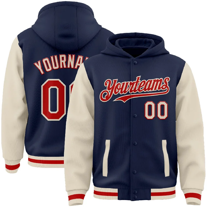 High-Performance Hoodie for Running-Custom Navy Red-Cream Bomber Full-Snap Varsity Letterman Two Tone Hoodie Jacket