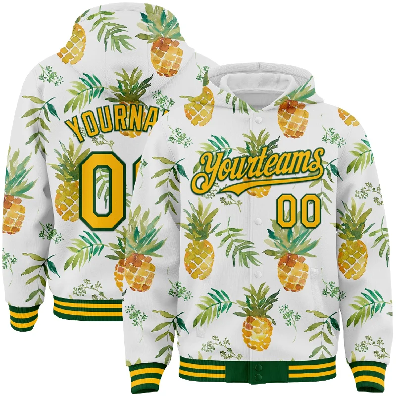 Soft Hoodie for Nighttime Comfort-Custom White Gold-Green Tropical Hawaii Fruit Pineapple 3D Bomber Full-Snap Varsity Letterman Hoodie Jacket