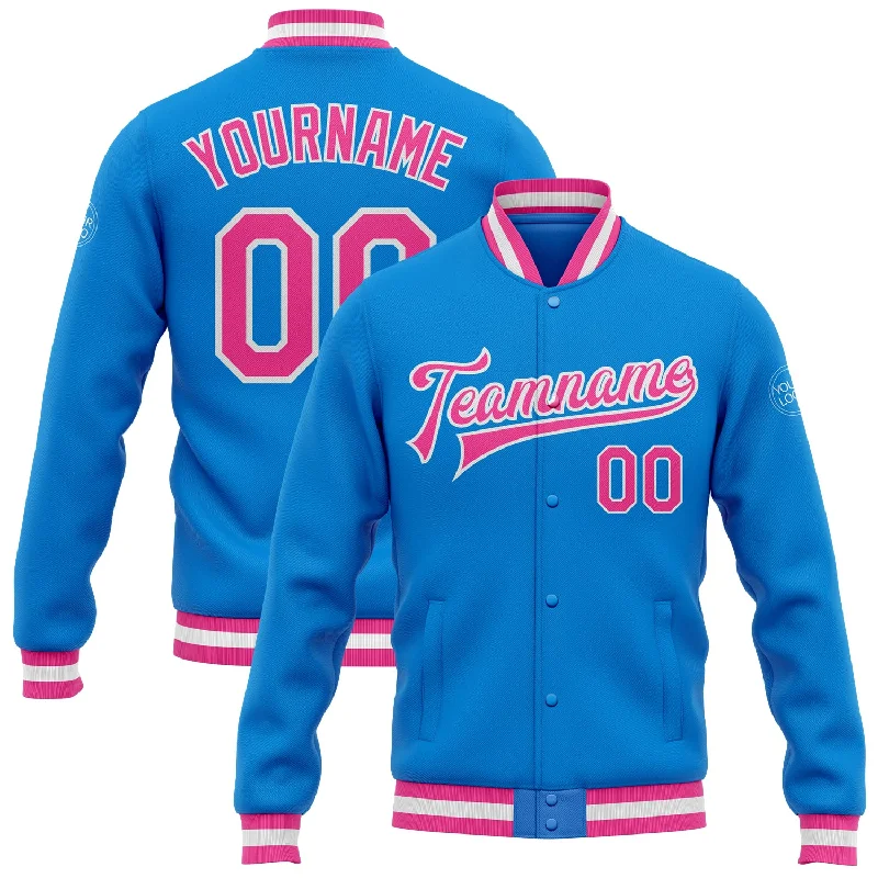 Customizable Sports Jacket for Team Wear-Custom Powder Blue Pink-White Bomber Full-Snap Varsity Letterman Jacket