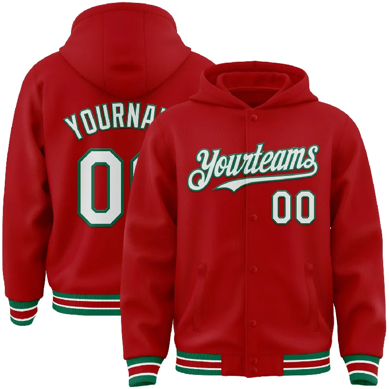 Stylish Hoodie for Daily Errands-Custom Red White-Kelly Green Bomber Full-Snap Varsity Letterman Hoodie Jacket