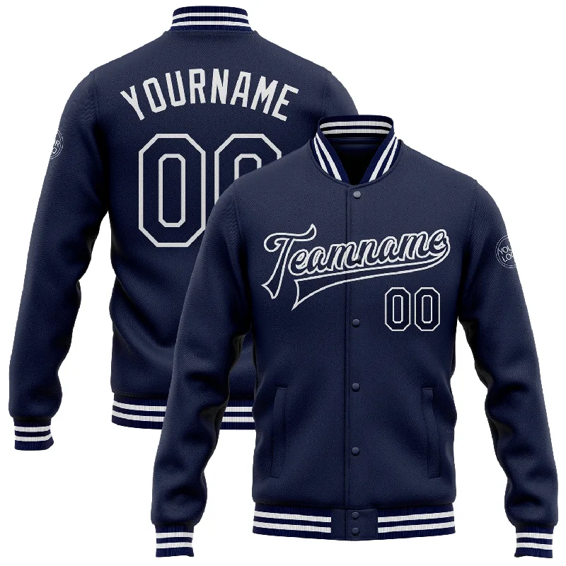 Breathable Rainproof Jacket for Outdoor Activities-Custom Navy White Bomber Full-Snap Varsity Letterman Jacket