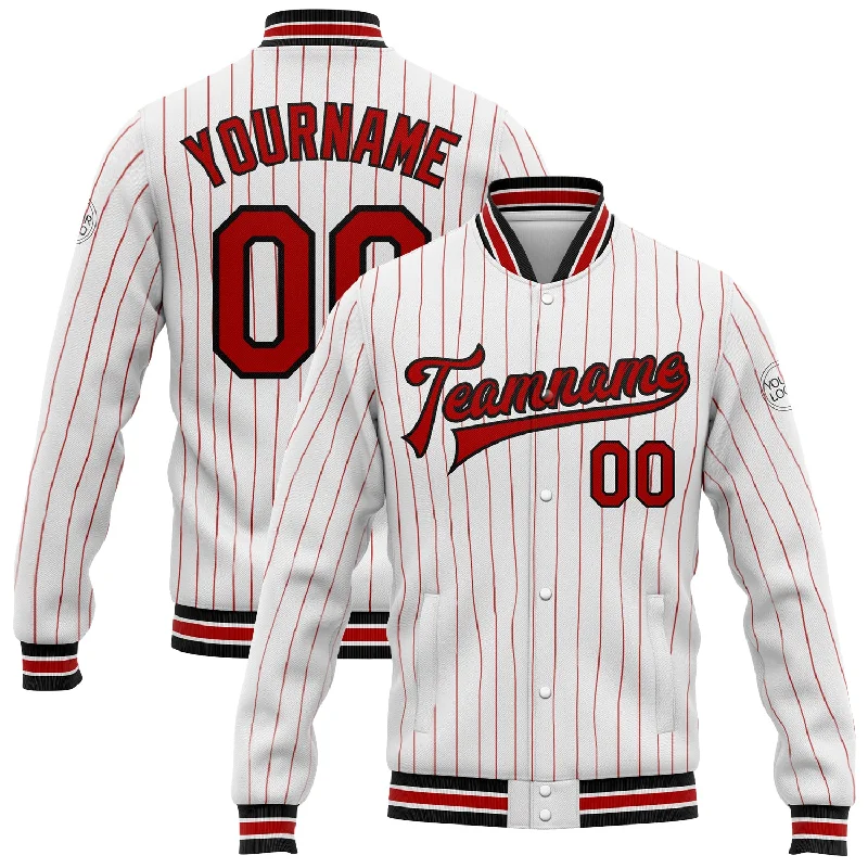 Waterproof Running Jacket for Active Days-Custom White Red Pinstripe Black Bomber Full-Snap Varsity Letterman Jacket