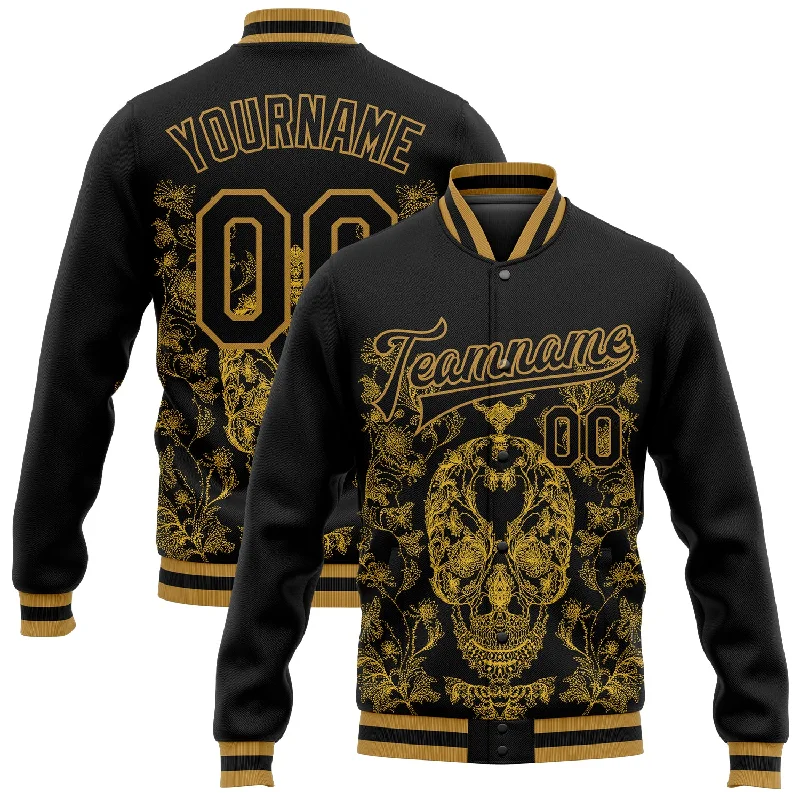 Long Sleeve Zip-Up Jacket for Easy Layering-Custom Black Old Gold Skull Fashion 3D Bomber Full-Snap Varsity Letterman Jacket