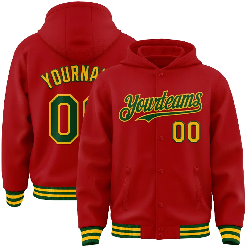 Warm Hoodie for Camping and Hiking-Custom Red Green-Gold Bomber Full-Snap Varsity Letterman Hoodie Jacket