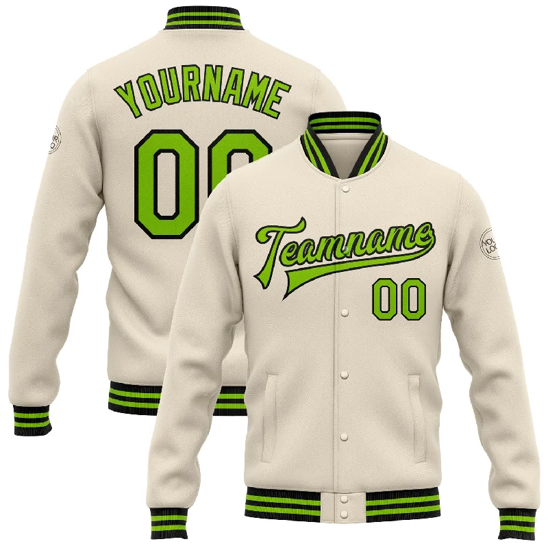 Trendy Shacket Jacket for Fashion Layering-Custom Cream Neon Green-Black Bomber Full-Snap Varsity Letterman Jacket