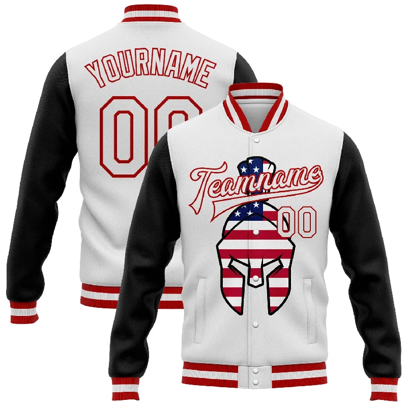 Athletic Zip Jacket for Sports Performance-Custom White Red-Black Spartan Logo With USA Flag 3D Pattern Design Bomber Full-Snap Varsity Letterman Two Tone Jacket