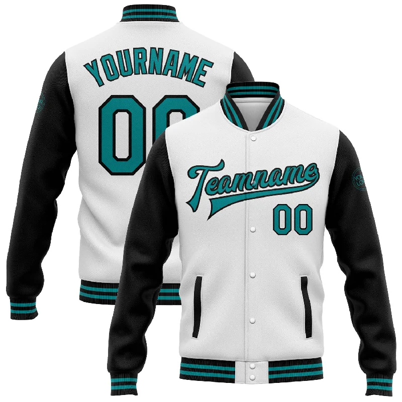 Sleek Performance Jacket for Active Lifestyles-Custom White Teal-Black Bomber Full-Snap Varsity Letterman Two Tone Jacket