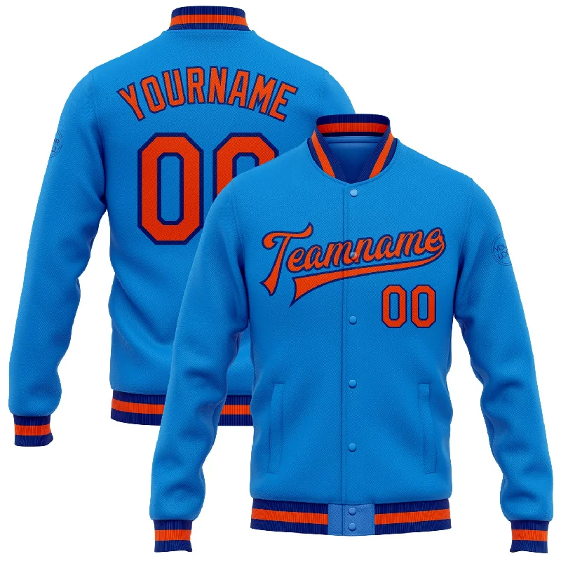 Slim Fit Puffer Jacket for Stylish Winter Wear-Custom Powder Blue Orange-Royal Bomber Full-Snap Varsity Letterman Jacket