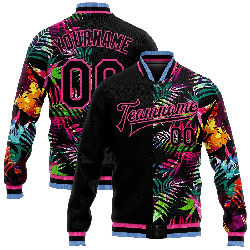 Classic Parka Jacket for Cold Conditions-Custom Black Pink-Light Blue Hawaii Palm Trees 3D Bomber Full-Snap Varsity Letterman Jacket