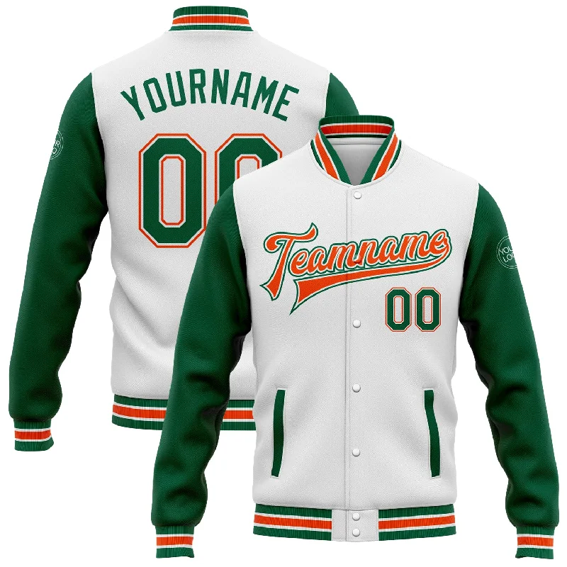 Heavy Duty Work Jacket for Tough Environments-Custom White Kelly Green-Orange Bomber Full-Snap Varsity Letterman Two Tone Jacket