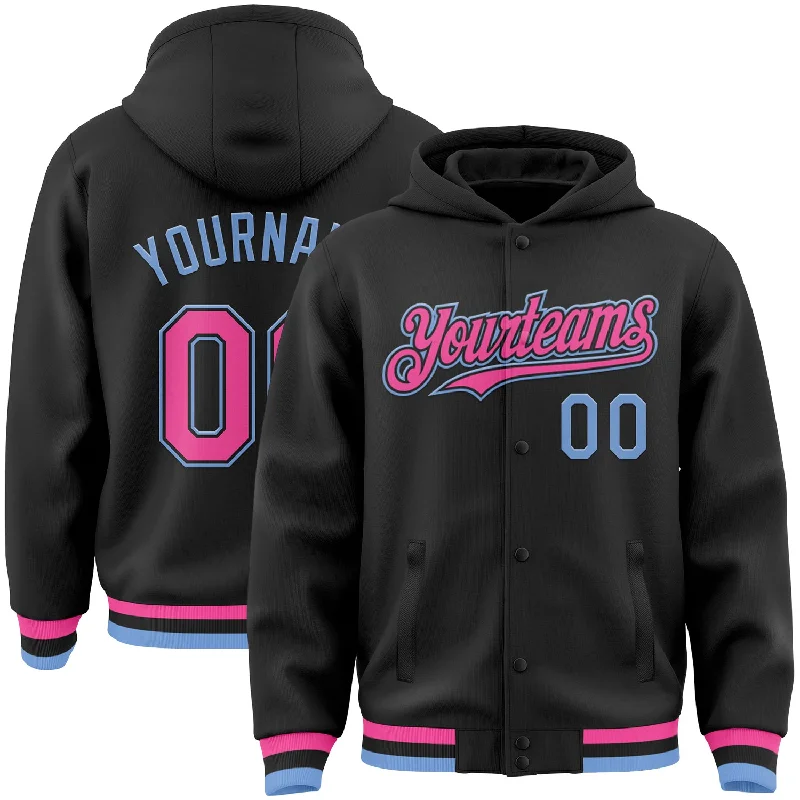 Soft Velour Hoodie for Luxe Comfort-Custom Black Pink-Light Blue Bomber Full-Snap Varsity Letterman Hoodie Jacket