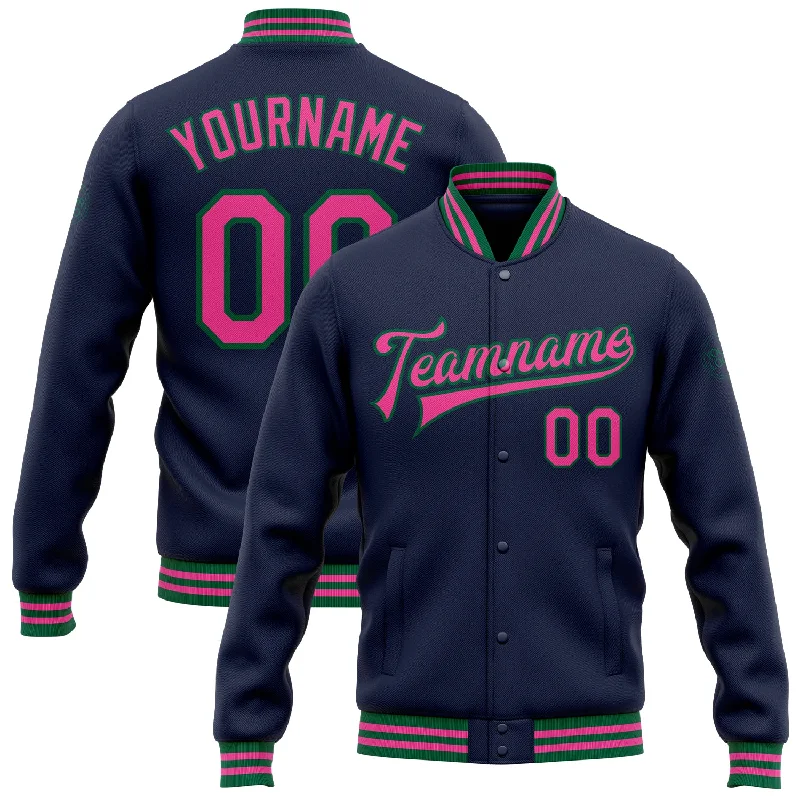 Durable Workwear Jacket for Tough Jobs-Custom Navy Pink-Kelly Green Bomber Full-Snap Varsity Letterman Jacket