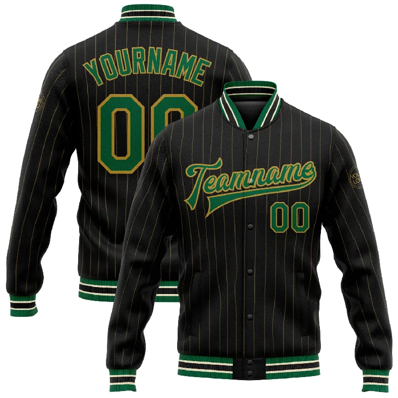 Trendy Camouflage Jacket for Casual Vibes-Custom Black Old Gold Pinstripe Kelly Green-Cream Bomber Full-Snap Varsity Letterman Jacket