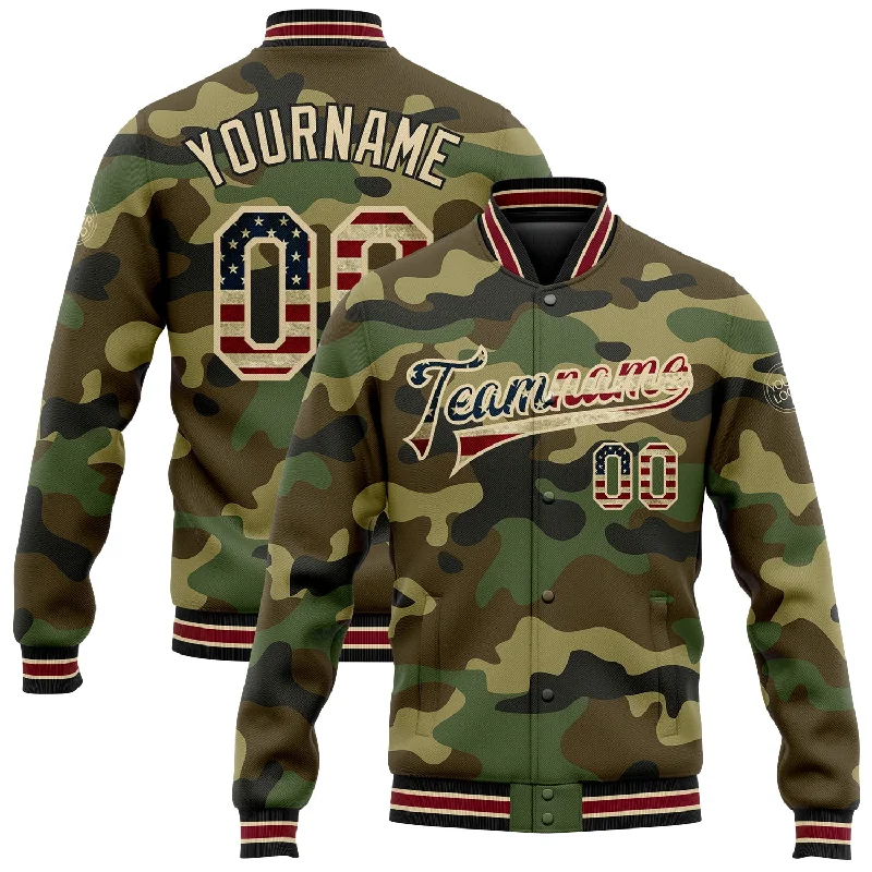 Sporty Track Jacket for Active Living-Custom Camo Vintage USA Flag City Cream Crimson-Black Bomber Full-Snap Varsity Letterman Salute To Service Jacket