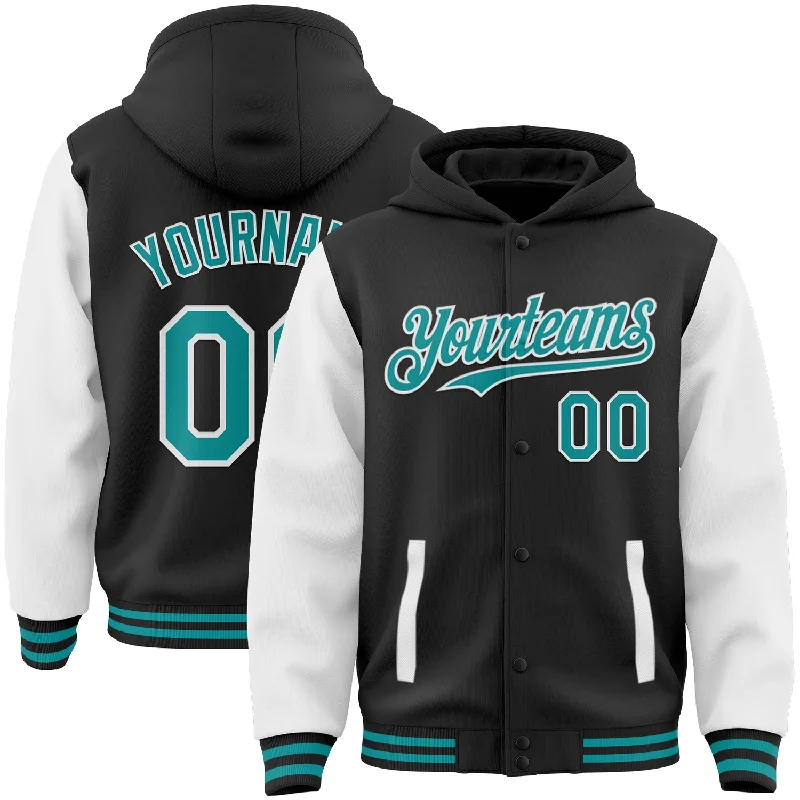 Comfortable Hoodie for Casual Days Out-Custom Black Teal-White Bomber Full-Snap Varsity Letterman Two Tone Hoodie Jacket