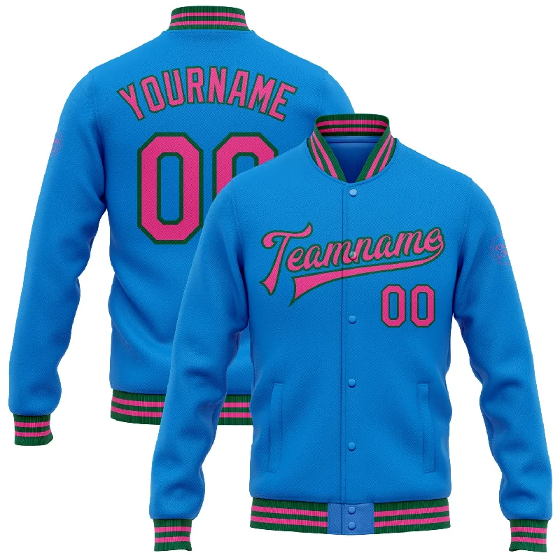 Soft Shell Jacket for Spring Weather-Custom Powder Blue Pink-Kelly Green Bomber Full-Snap Varsity Letterman Jacket