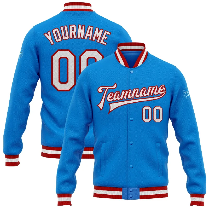 Athletic Zip Jacket for Sports Performance-Custom Powder Blue White-Red Bomber Full-Snap Varsity Letterman Jacket