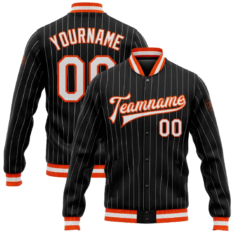 Trendy Fleece Jacket for Winter Outfits-Custom Black White Pinstripe Orange Bomber Full-Snap Varsity Letterman Jacket