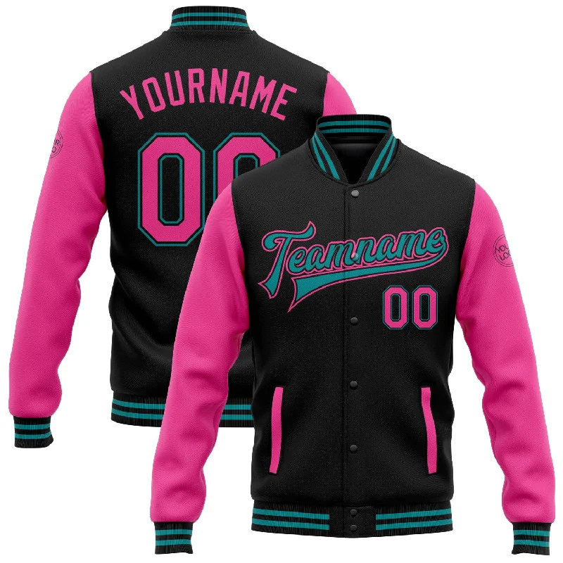 Soft Sherpa Jacket for Cozy Comfort-Custom Black Pink-Teal Bomber Full-Snap Varsity Letterman Two Tone Jacket