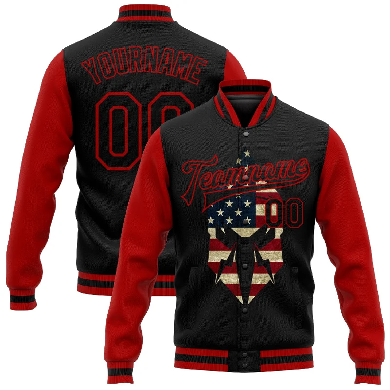 Sporty Track Jacket for Active Living-Custom Black Red Spartan Logo With Vintage USA Flag 3D Pattern Design Bomber Full-Snap Varsity Letterman Two Tone Jacket