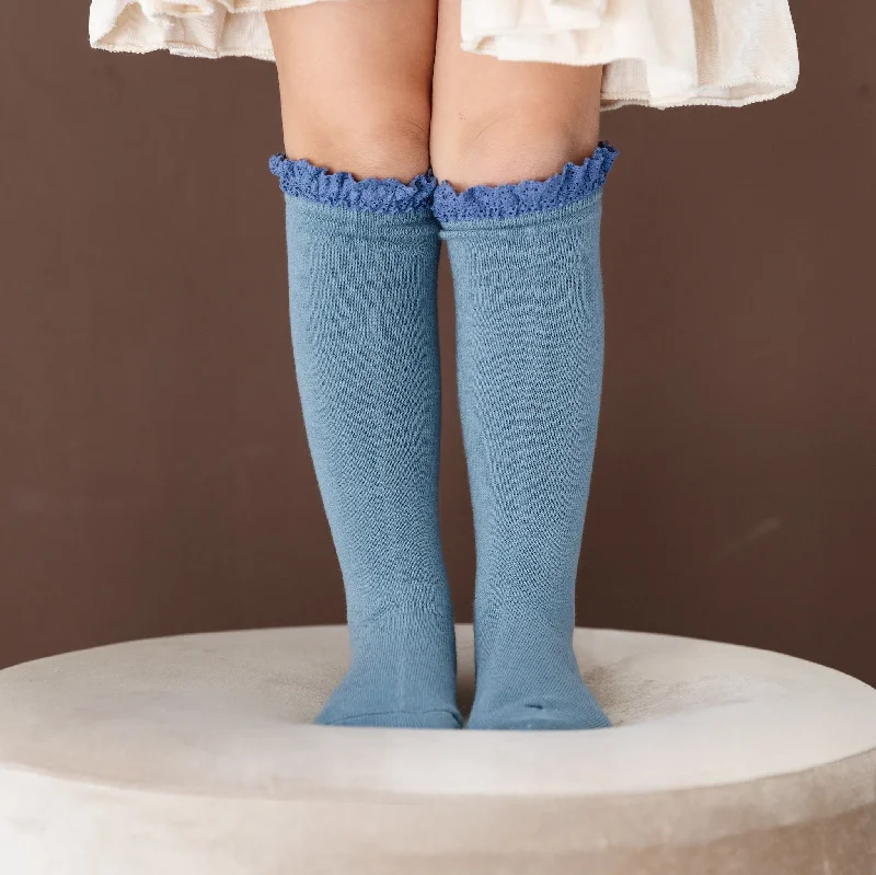 Seamless Socks for All-Day Comfort-Lace Top Knee High Socks - Denim