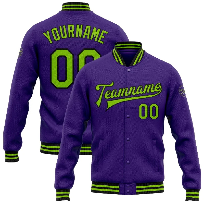 Versatile Soft Shell Jacket for Outdoor Sports-Custom Purple Neon Green-Black Bomber Full-Snap Varsity Letterman Jacket